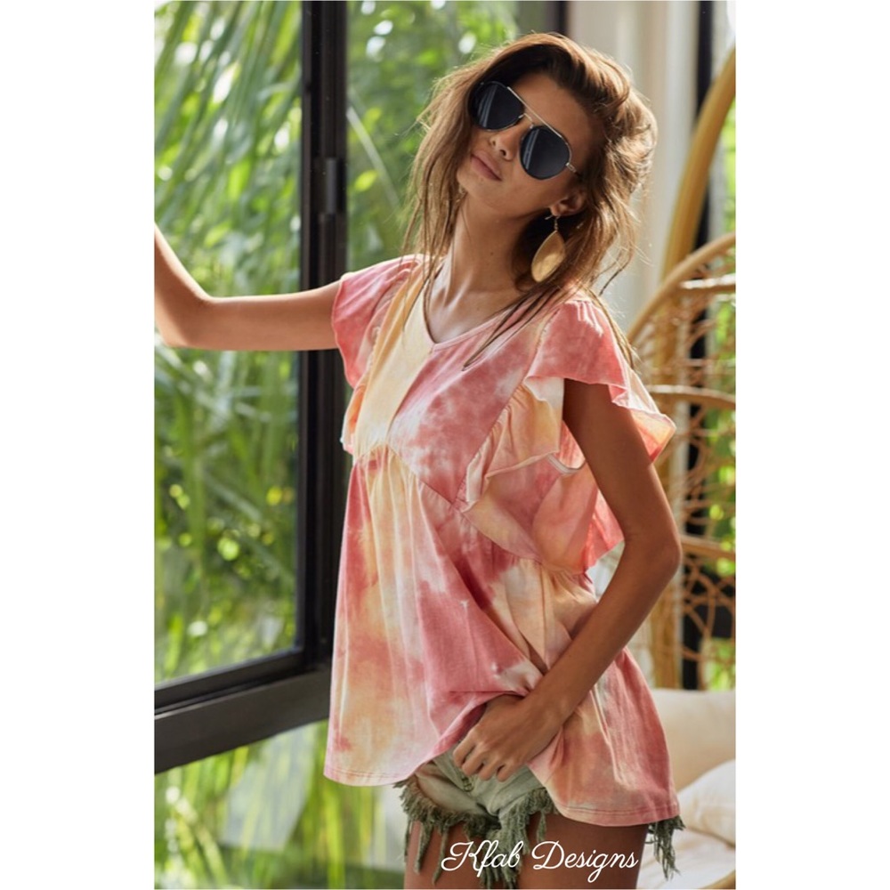 ❤️LAST 1 V Neck Ruffle Tie Dye Cotton Babydoll Top - Picture 10 of 12